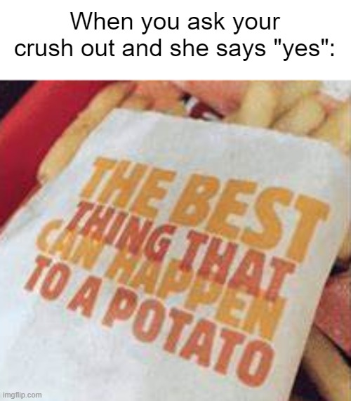 The best thing that can happen to a potato | When you ask your crush out and she says "yes": | image tagged in the best thing that can happen to a potato | made w/ Imgflip meme maker