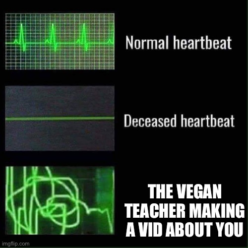 Vegan teacher be loke | THE VEGAN TEACHER MAKING A VID ABOUT YOU | image tagged in heart beat meme | made w/ Imgflip meme maker