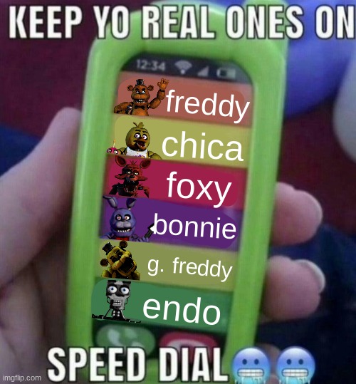 new temp | freddy; chica; foxy; bonnie; g. freddy; endo | image tagged in keep yo real ones on speed dial,fnaf,five nights at freddys,five nights at freddy's | made w/ Imgflip meme maker
