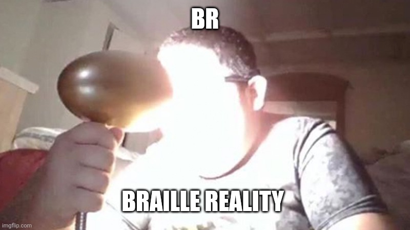kid shining light into face | BR BRAILLE REALITY | image tagged in kid shining light into face | made w/ Imgflip meme maker