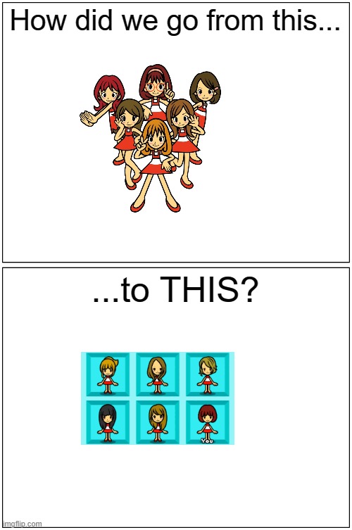 the new dazzles are ugly | How did we go from this... ...to THIS? | image tagged in memes,blank comic panel 1x2,rhythm heaven | made w/ Imgflip meme maker