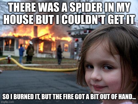 Spiderz | THERE WAS A SPIDER IN MY HOUSE BUT I COULDN'T GET IT; SO I BURNED IT, BUT THE FIRE GOT A BIT OUT OF HAND... | image tagged in memes,disaster girl | made w/ Imgflip meme maker