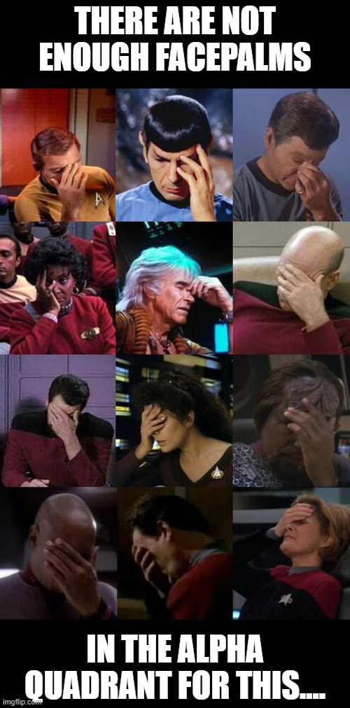 Not Enough Facepalms in the Alpha Quadrant | THERE ARE NOT ENOUGH FACEPALMS; IN THE ALPHA QUADRANT FOR THIS.... | image tagged in star trek,facepalm,facepalm multiple,star trek facepalm,so many facepalms | made w/ Imgflip meme maker