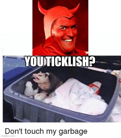 Don't touch my garbage | YOU TICKLISH? | image tagged in don't touch my garbage | made w/ Imgflip meme maker