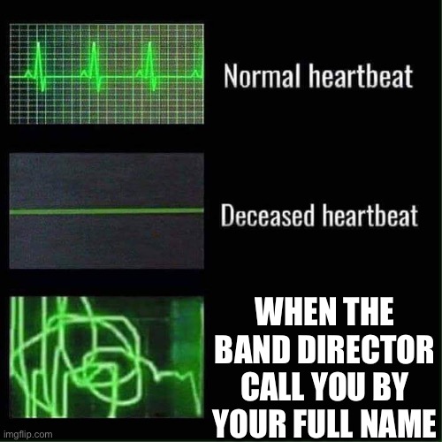 Band is so fun | WHEN THE BAND DIRECTOR CALL YOU BY YOUR FULL NAME | image tagged in heart beat meme | made w/ Imgflip meme maker