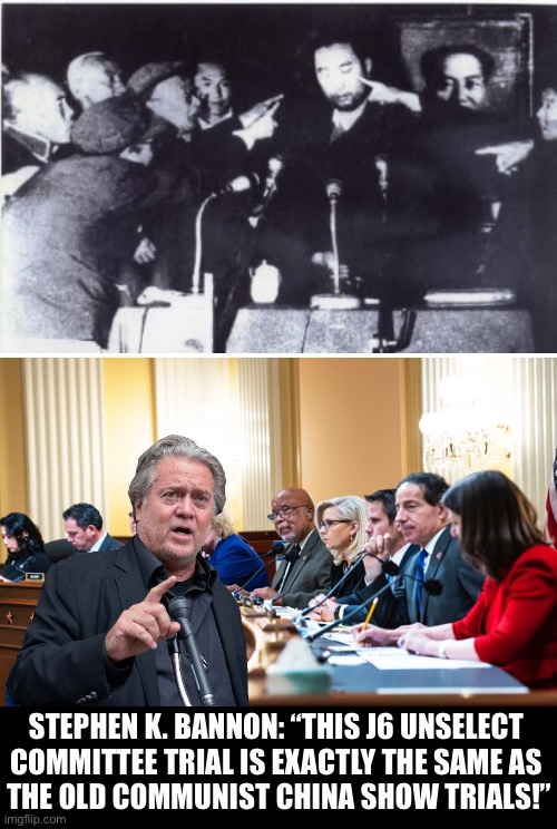 The Biden Regime’s disgusting show trial! | STEPHEN K. BANNON: “THIS J6 UNSELECT 
COMMITTEE TRIAL IS EXACTLY THE SAME AS 
THE OLD COMMUNIST CHINA SHOW TRIALS!” | image tagged in steve bannon,bannon,joe biden,democratic party,democrats,republican party | made w/ Imgflip meme maker