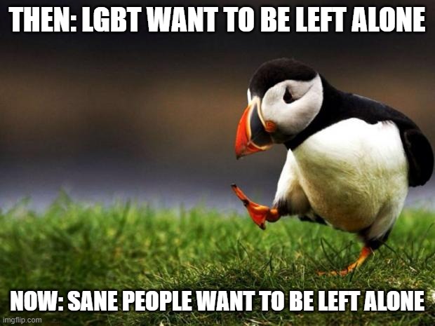 Unpopular Opinion Puffin Meme | THEN: LGBT WANT TO BE LEFT ALONE; NOW: SANE PEOPLE WANT TO BE LEFT ALONE | image tagged in unpopular opinion puffin,lgbtq,lgbt,insane,insanity,straight | made w/ Imgflip meme maker