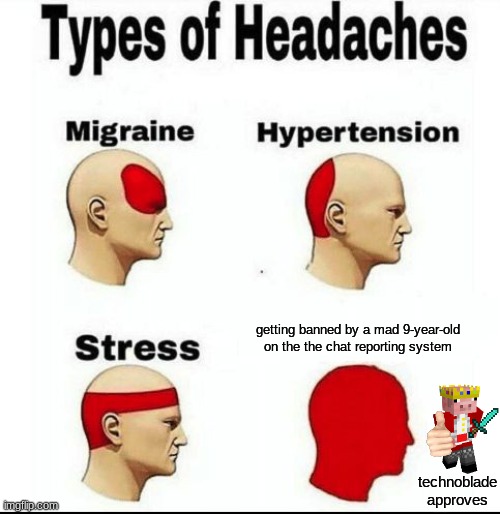 All we need is phil to admit it's worse than the baby zombie | getting banned by a mad 9-year-old on the the chat reporting system; technoblade approves | image tagged in types of headaches meme,minecraft chat reporting,technoblade | made w/ Imgflip meme maker