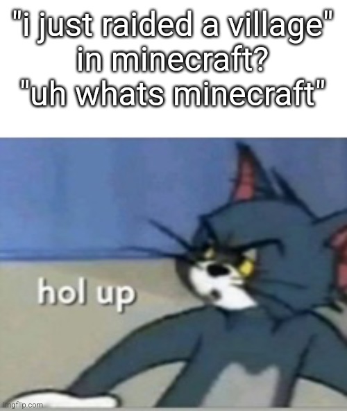 Hol up | "i just raided a village"
in minecraft?
"uh whats minecraft" | image tagged in hol up | made w/ Imgflip meme maker