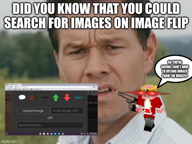 technoblade no we can talk about this | DID YOU KNOW THAT YOU COULD SEARCH FOR IMAGES ON IMAGE FLIP; SO YOU'RE SAYING I DON'T HAVE TO UPLOAD IMAGES FROM THE WEB!?!? | image tagged in huh,meanwhile on imgflip,what what | made w/ Imgflip meme maker