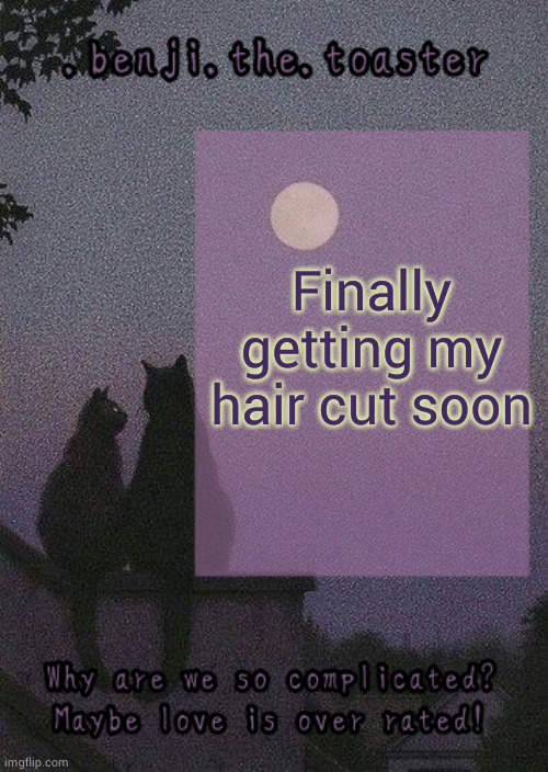 Jgjgjgjg screaming and throwing up | Finally getting my hair cut soon | image tagged in benji mooncore template | made w/ Imgflip meme maker