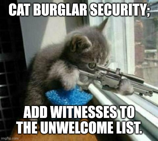 Cat burglar security | CAT BURGLAR SECURITY; ADD WITNESSES TO THE UNWELCOME LIST. | image tagged in cat burglar security | made w/ Imgflip meme maker