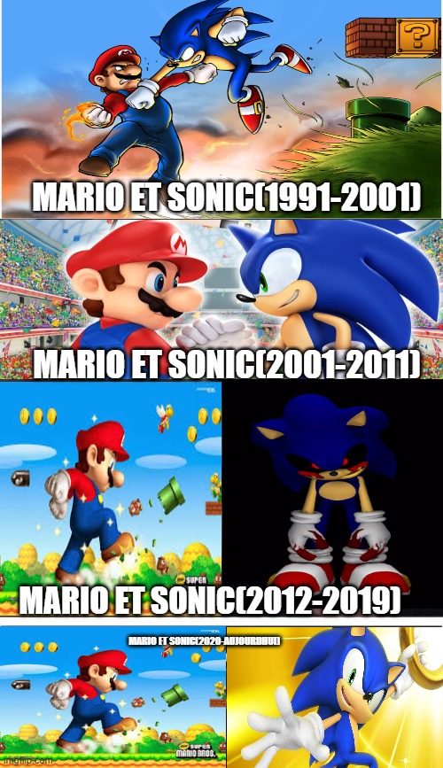 Mario et Sonic 1991 à 2022(Aujourd'hui) |  MARIO ET SONIC(1991-2001); MARIO ET SONIC(2001-2011); MARIO ET SONIC(2012-2019); MARIO ET SONIC(2020-AUJOURDHUI) | image tagged in memes,marvel civil war 1 | made w/ Imgflip meme maker