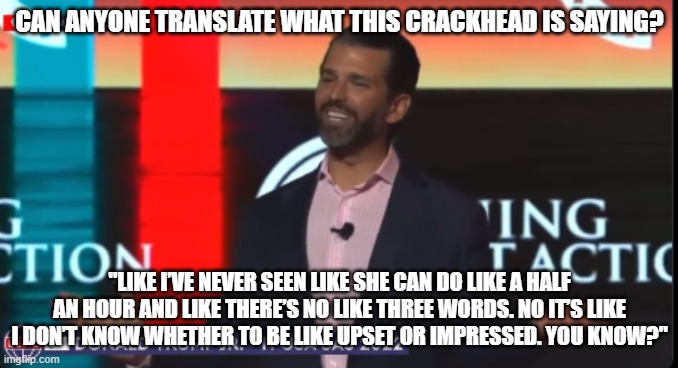 Trump Jr | CAN ANYONE TRANSLATE WHAT THIS CRACKHEAD IS SAYING? "LIKE I’VE NEVER SEEN LIKE SHE CAN DO LIKE A HALF AN HOUR AND LIKE THERE’S NO LIKE THREE WORDS. NO IT’S LIKE I DON’T KNOW WHETHER TO BE LIKE UPSET OR IMPRESSED. YOU KNOW?" | image tagged in trump jr | made w/ Imgflip meme maker
