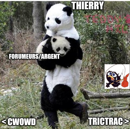stolen panda | THIERRY; FORUMEURS/ARGENT; TRICTRAC >; < CWOWD | image tagged in stolen panda | made w/ Imgflip meme maker