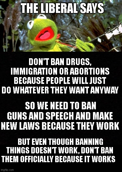 'I can't lose if I'm on every square on the board...' | THE LIBERAL SAYS; DON'T BAN DRUGS, IMMIGRATION OR ABORTIONS BECAUSE PEOPLE WILL JUST DO WHATEVER THEY WANT ANYWAY; SO WE NEED TO BAN GUNS AND SPEECH AND MAKE NEW LAWS BECAUSE THEY WORK; BUT EVEN THOUGH BANNING THINGS DOESN'T WORK, DON'T BAN THEM OFFICIALLY BECAUSE IT WORKS | image tagged in kermit banjo | made w/ Imgflip meme maker