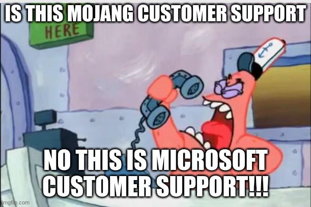 i need more points Please It's not upvote begging if I'm not begging for upvotes | IS THIS MOJANG CUSTOMER SUPPORT; NO THIS IS MICROSOFT CUSTOMER SUPPORT!!! | image tagged in no this is patrick,mojang,microsoft,minecraft | made w/ Imgflip meme maker