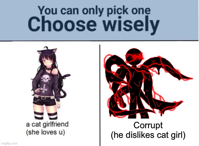 Choose wisely | Corrupt
(he dislikes cat girl) | image tagged in choose wisely | made w/ Imgflip meme maker