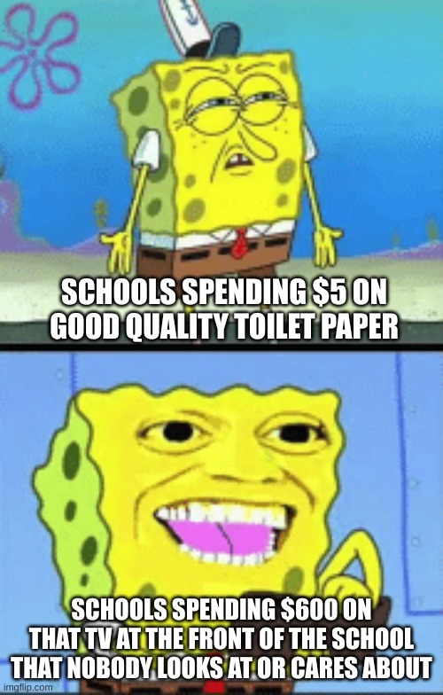 TRUE | SCHOOLS SPENDING $5 ON GOOD QUALITY TOILET PAPER; SCHOOLS SPENDING $600 ON THAT TV AT THE FRONT OF THE SCHOOL THAT NOBODY LOOKS AT OR CARES ABOUT | image tagged in spongebob money | made w/ Imgflip meme maker