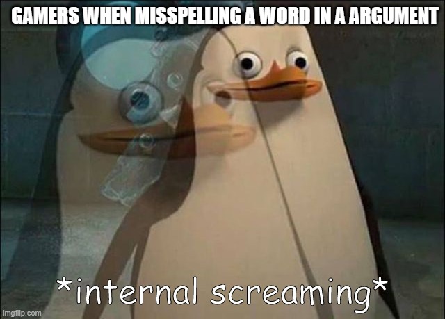 Private Internal Screaming | GAMERS WHEN MISSPELLING A WORD IN A ARGUMENT | image tagged in private internal screaming,what can i say except aaaaaaaaaaa | made w/ Imgflip meme maker