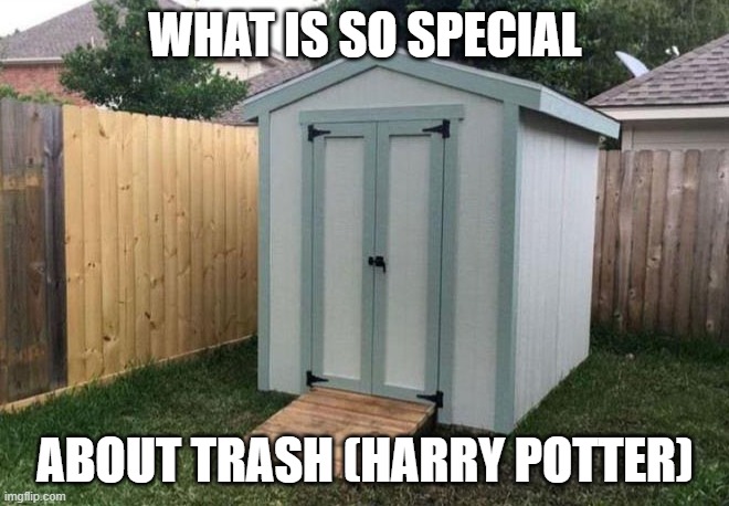 Shed | WHAT IS SO SPECIAL; ABOUT TRASH (HARRY POTTER) | image tagged in shed | made w/ Imgflip meme maker