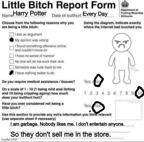 Little bitch report form | Harry Potter; Every Day; I am garbage. Nobody likes me. I don't entertain anyone. So they don't sell me in the store. | image tagged in little bitch report form | made w/ Imgflip meme maker