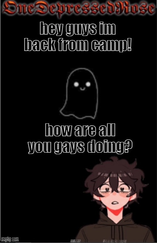 im back | hey guys im back from camp! how are all you gays doing? | image tagged in onedepressedrose new,ight im back | made w/ Imgflip meme maker