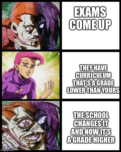 Day 6 of posting doppio until people watch jojo part 5 | EXAMS COME UP; THEY HAVE CURRICULUM THAT’S A GRADE LOWER THAN YOURS; THE SCHOOL CHANGES IT AND NOW IT’S A GRADE HIGHER | image tagged in jojo doppio | made w/ Imgflip meme maker