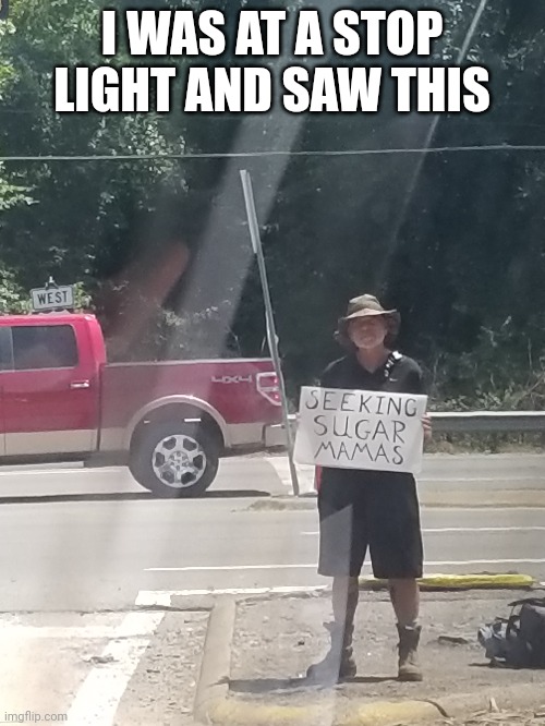Seeking sugar mammas | I WAS AT A STOP LIGHT AND SAW THIS | image tagged in bum | made w/ Imgflip meme maker