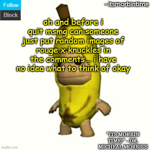 yes im quitting msmg AGAIN | oh and before i quit msmg can someone just put random images of rouge x knuckles in the comments... i have no idea what to think of okay | image tagged in announcement | made w/ Imgflip meme maker