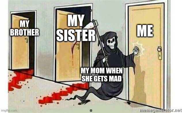 Grim Reaper Knocking Door | ME; MY SISTER; MY BROTHER; MY MOM WHEN SHE GETS MAD | image tagged in grim reaper knocking door | made w/ Imgflip meme maker