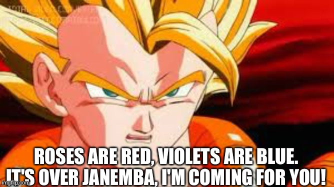 Gogeta is also a template |  ROSES ARE RED, VIOLETS ARE BLUE. IT'S OVER JANEMBA, I'M COMING FOR YOU! | image tagged in super gogeta | made w/ Imgflip meme maker