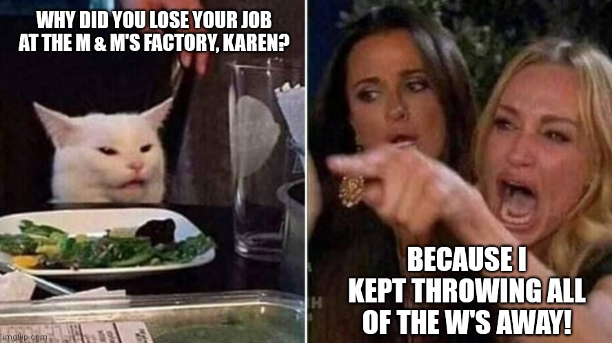 Karen | WHY DID YOU LOSE YOUR JOB AT THE M & M'S FACTORY, KAREN? BECAUSE I KEPT THROWING ALL OF THE W'S AWAY! | image tagged in reverse smudge and karen | made w/ Imgflip meme maker