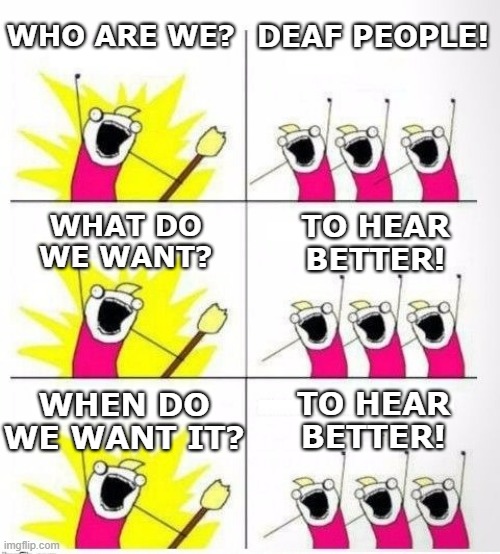 Who are we | WHO ARE WE? DEAF PEOPLE! TO HEAR BETTER! WHAT DO WE WANT? TO HEAR BETTER! WHEN DO WE WANT IT? | image tagged in who are we,funny memes,jokes,joke,funny | made w/ Imgflip meme maker