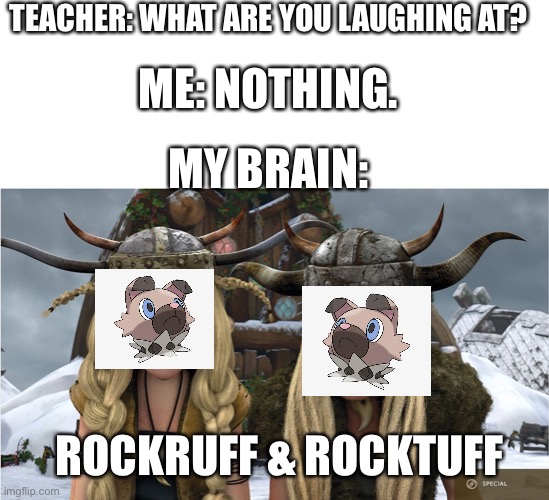 Lol | TEACHER: WHAT ARE YOU LAUGHING AT? ME: NOTHING. MY BRAIN:; ROCKRUFF & ROCKTUFF | image tagged in blank white template,how to train your dragon,pokemon | made w/ Imgflip meme maker