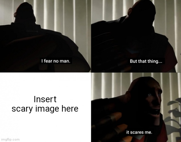 Basically every deviant art meme template | Insert scary image here | image tagged in i fear no man but that thing it scares me,deviantart | made w/ Imgflip meme maker
