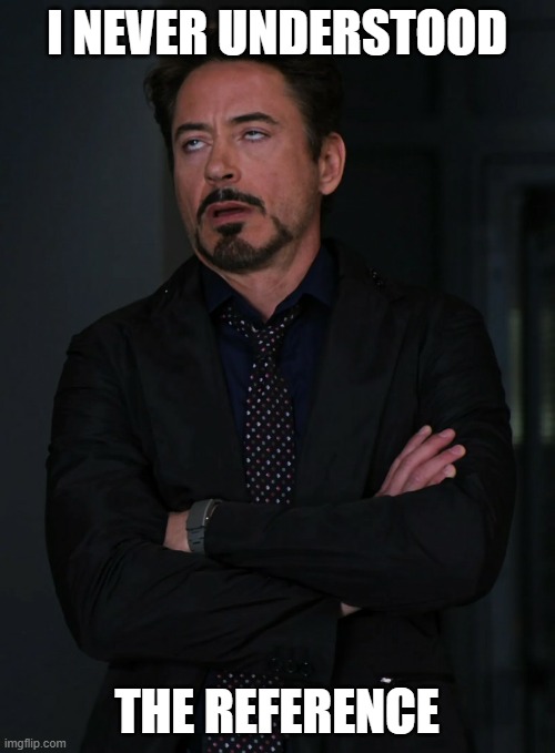 I NEVER UNDERSTOOD THE REFERENCE | image tagged in tony stark eye roll cleaner version | made w/ Imgflip meme maker