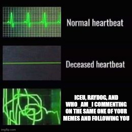 heartbeat rate | ICEU, RAYDOG, AND WHO_AM_I COMMENTING ON THE SAME ONE OF YOUR MEMES AND FOLLOWING YOU | image tagged in heartbeat rate | made w/ Imgflip meme maker