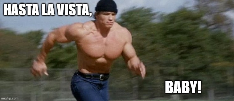 Arnold schwarzenegger running | HASTA LA VISTA, BABY! | image tagged in arnold schwarzenegger running | made w/ Imgflip meme maker