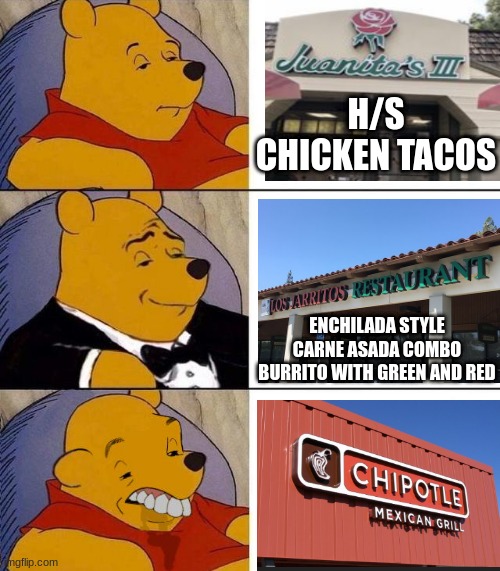 Memes y todo. | H/S CHICKEN TACOS; ENCHILADA STYLE CARNE ASADA COMBO BURRITO WITH GREEN AND RED | image tagged in best better blurst | made w/ Imgflip meme maker