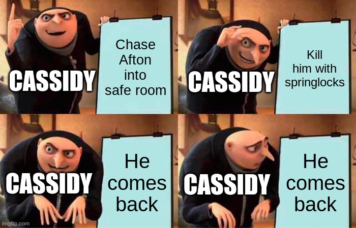 Gru's Plan Meme | Chase Afton into safe room; Kill him with springlocks; CASSIDY; CASSIDY; He comes back; He comes back; CASSIDY; CASSIDY | image tagged in memes,gru's plan | made w/ Imgflip meme maker