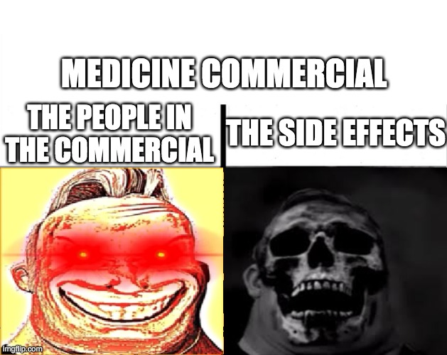 Medicine Commercial |  MEDICINE COMMERCIAL; THE PEOPLE IN THE COMMERCIAL; THE SIDE EFFECTS | image tagged in teacher's copy,medicine,side effects,mr incredible,this medicine may cause death,may cause death | made w/ Imgflip meme maker