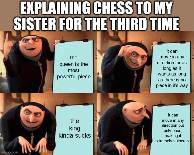 Gru's Plan Meme | the queen is the most powerful piece it can move in any direction for as long as it wants as long as there is no piece in it's way the king  | image tagged in memes,gru's plan | made w/ Imgflip meme maker
