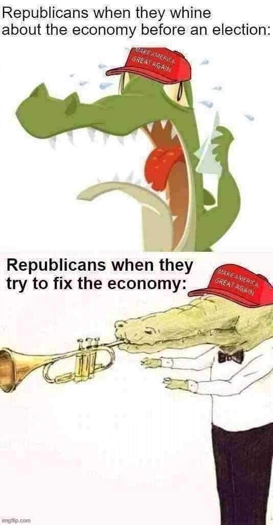 More tax breaks for corps & no benefits or minimum wage hikes: yes, I'm sure all that will work for the 1st time in 40 years | image tagged in republican crocodile tears over the economy | made w/ Imgflip meme maker