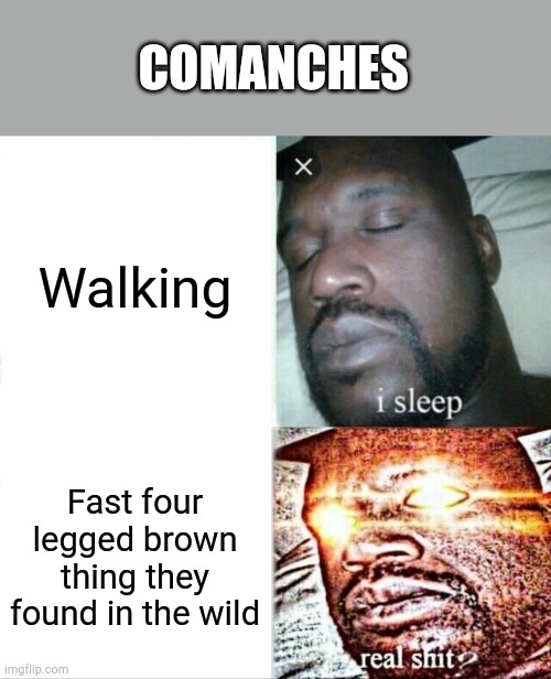 Sleeping Shaq | COMANCHES; Walking; Fast four legged brown thing they found in the wild | image tagged in memes,sleeping shaq | made w/ Imgflip meme maker