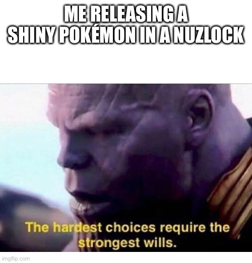 I hate Whitney so freaking much | ME RELEASING A SHINY POKÉMON IN A NUZLOCK | image tagged in thanos hardest choices | made w/ Imgflip meme maker