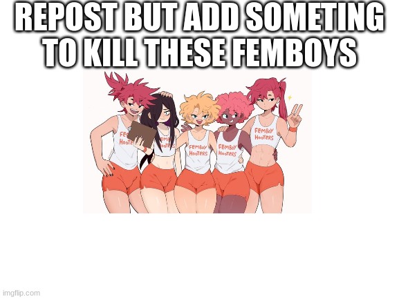 Do it if you hate Femboys | REPOST BUT ADD SOMETING TO KILL THESE FEMBOYS | image tagged in blank white template | made w/ Imgflip meme maker