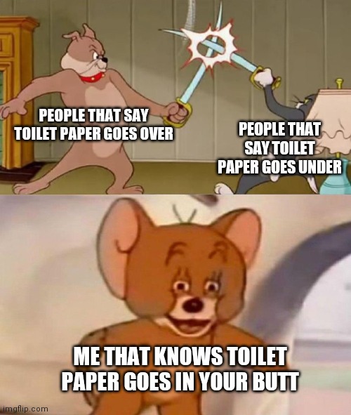Title | PEOPLE THAT SAY TOILET PAPER GOES OVER; PEOPLE THAT SAY TOILET PAPER GOES UNDER; ME THAT KNOWS TOILET PAPER GOES IN YOUR BUTT | image tagged in tom and jerry swordfight | made w/ Imgflip meme maker
