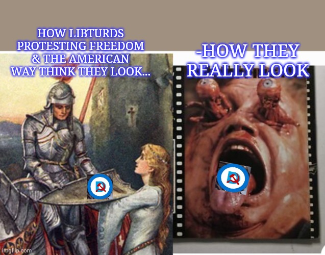 Them Scum Suckin' Libturds! | HOW LIBTURDS PROTESTING FREEDOM & THE AMERICAN WAY THINK THEY LOOK... -HOW THEY REALLY LOOK | image tagged in libtards,suck,moose,vote,republican | made w/ Imgflip meme maker