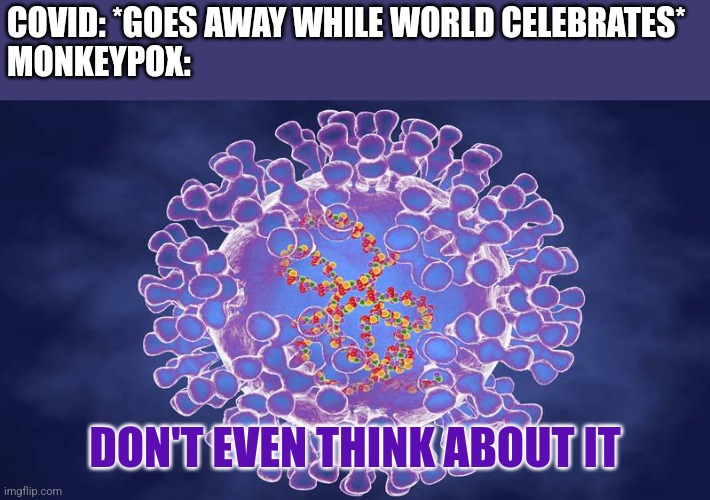 Monkeypox Virus | COVID: *GOES AWAY WHILE WORLD CELEBRATES*
MONKEYPOX:; DON'T EVEN THINK ABOUT IT | image tagged in monkeypox,coronavirus,covid-19,memes | made w/ Imgflip meme maker